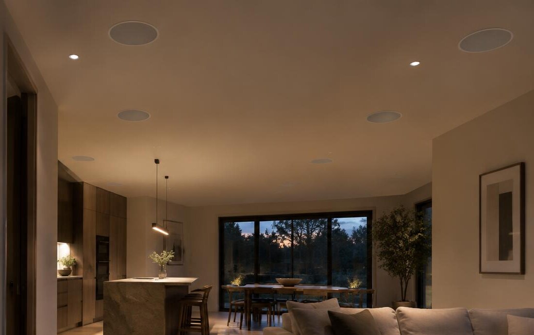 Illustrative image: open-plan kitchen and lounge with flush in-ceiling speakers and a wall keypad
