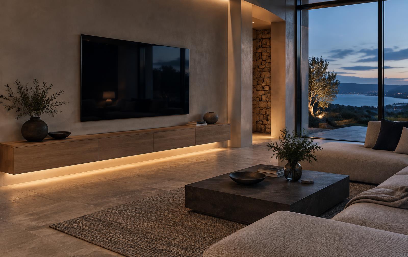 Illustrative image: contemporary living room with a wall-mounted television