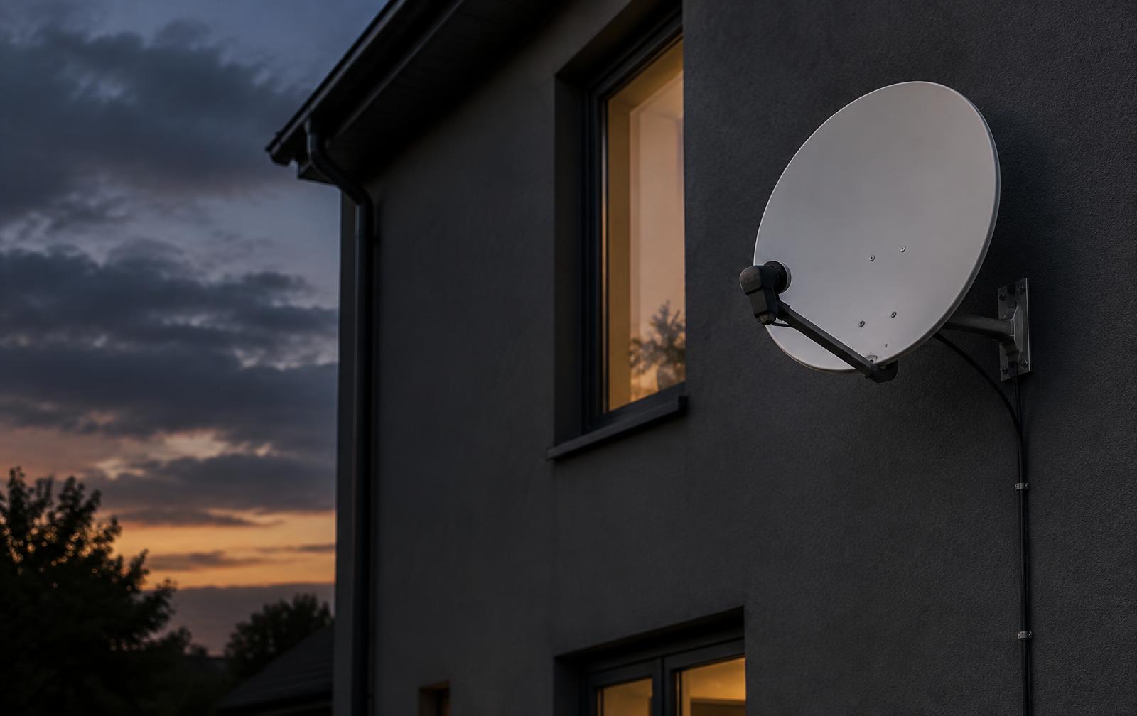Illustrative image: satellite dish on a wall bracket with neatly clipped cable on a dark rendered house